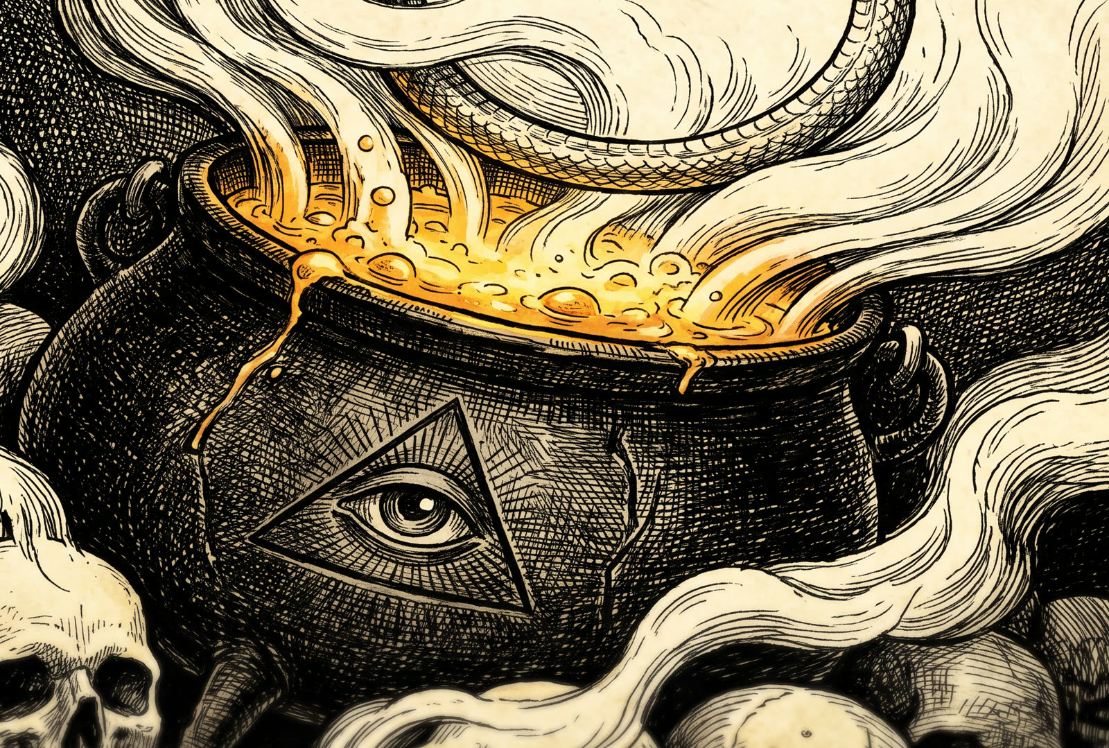 An iron crucible marked with an eye, molten gold boiling over