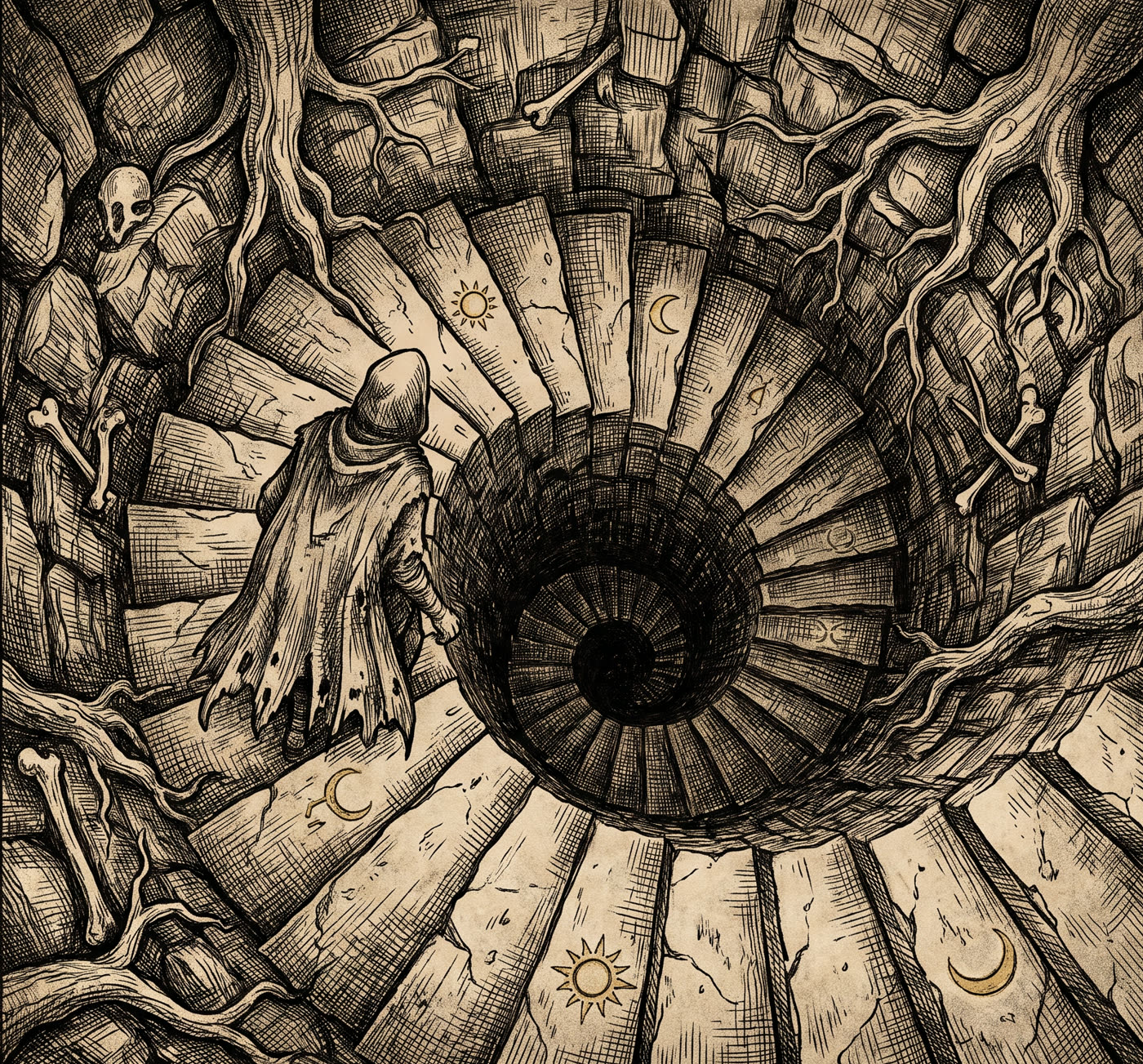 A hooded pilgrim descends a spiral staircase into the earth