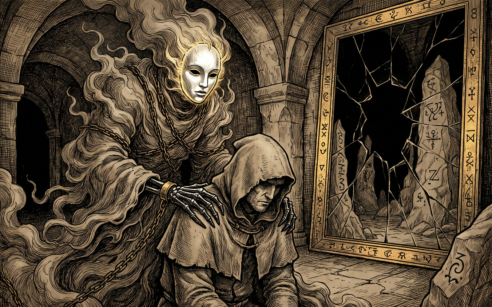 A masked guardian of smoke and chains rests its hands on a kneeling figure