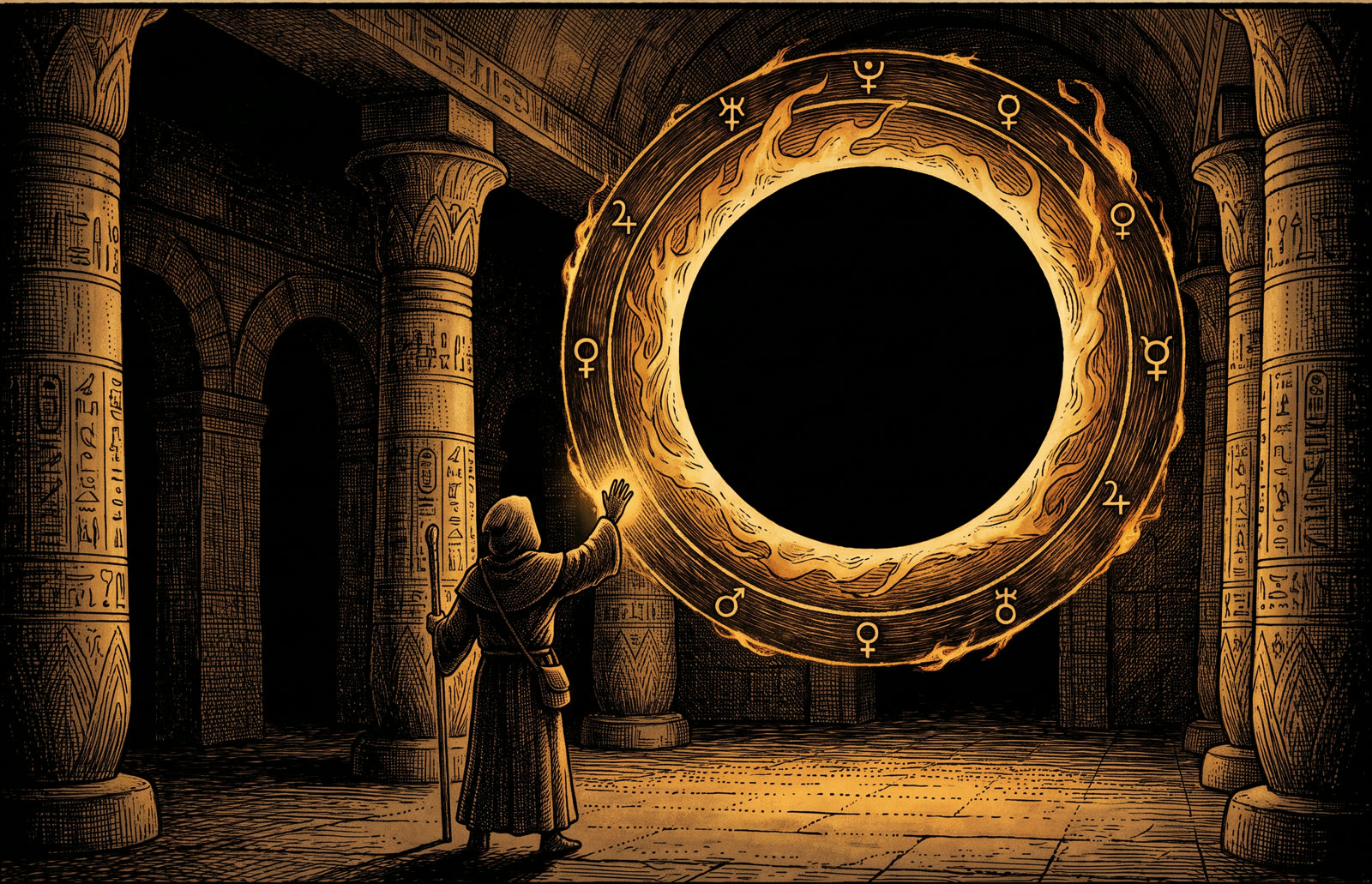 A pilgrim raises a hand before a black sun portal ringed with fire
